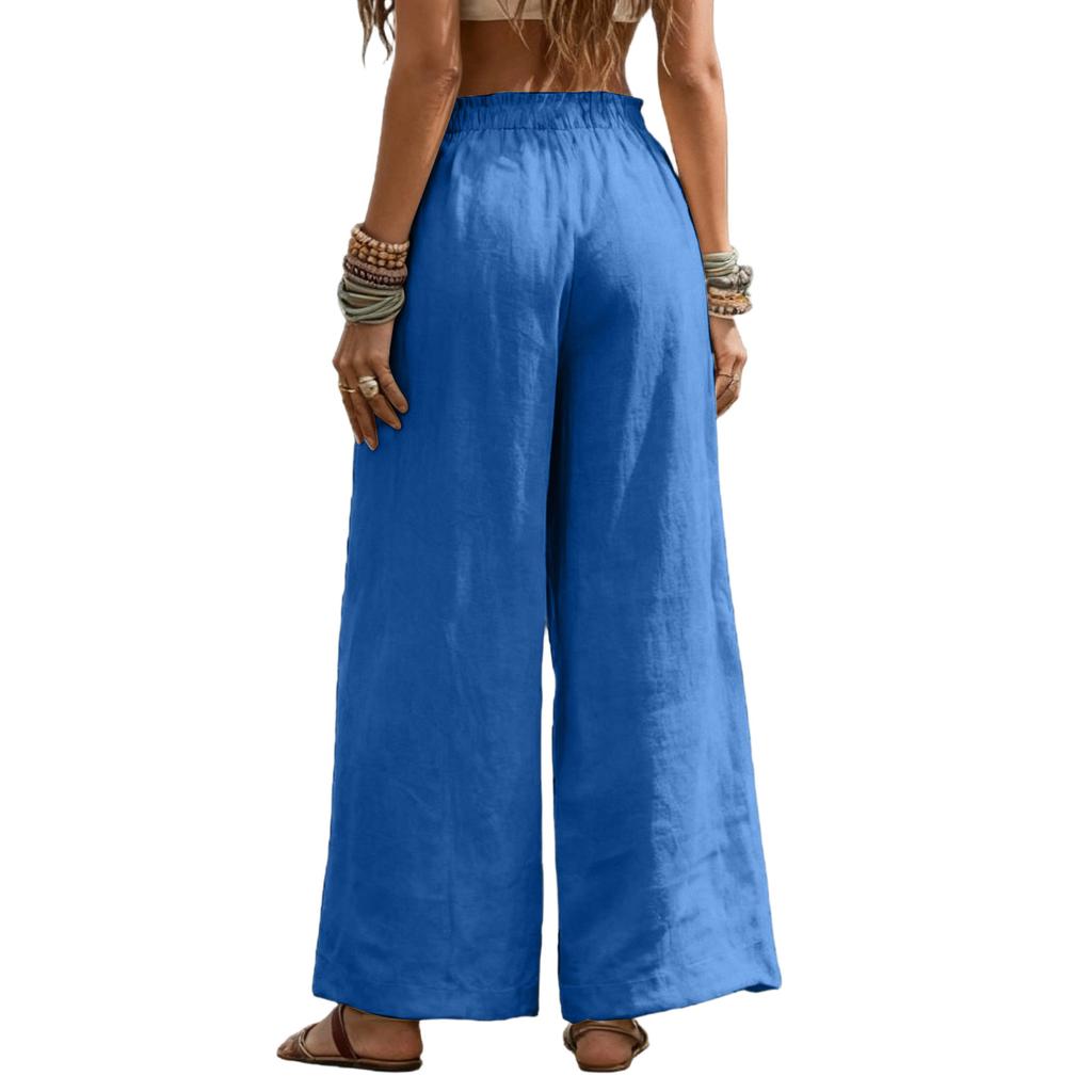 Women Elastic High Waist Pant Casual Fit Wide Leg Long Pants Trousers With Pockets