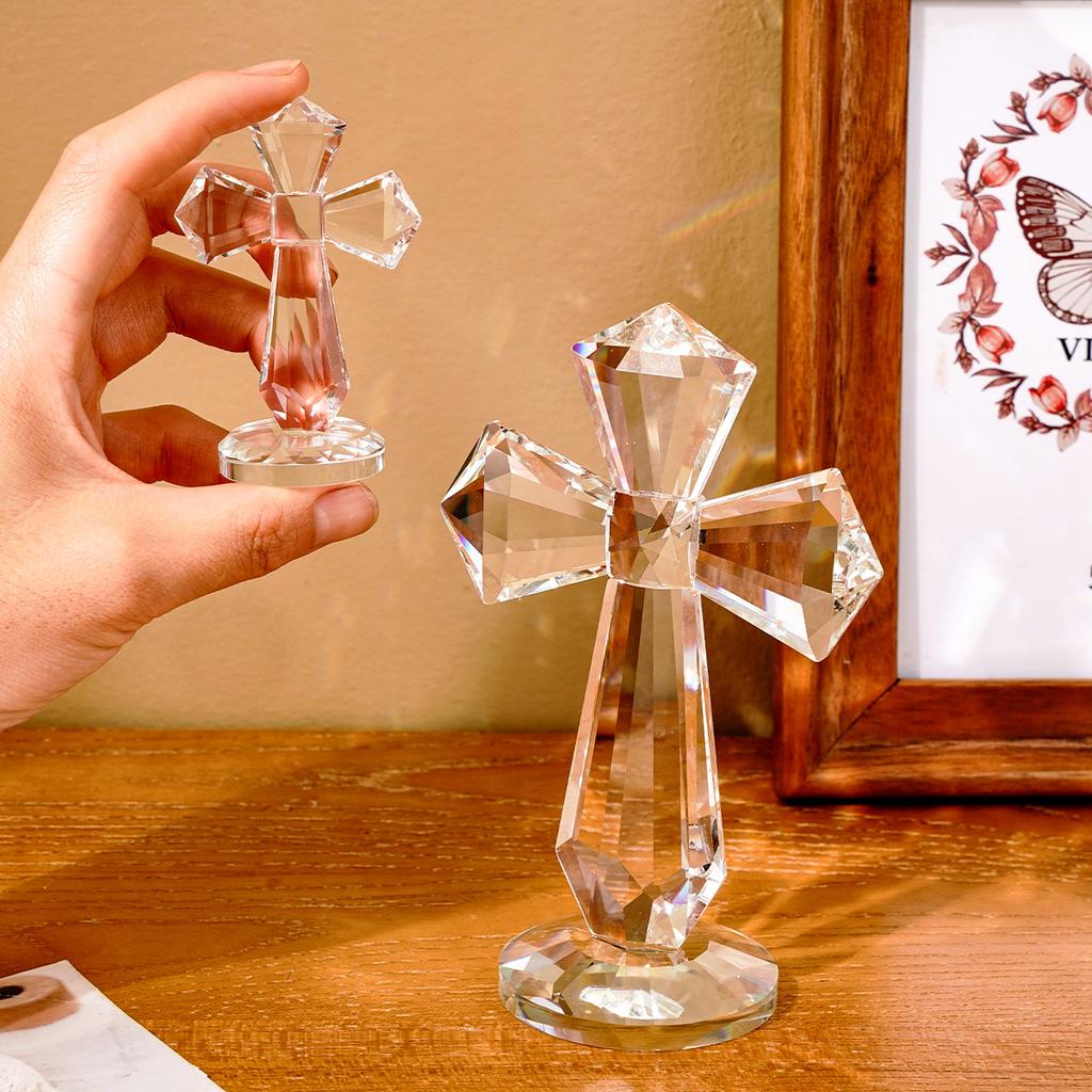 Crystal Cross Ornament with Angel Figurine Transparent Glass Religious Statue Baptism Communion Christmas Gifts Home Decorations