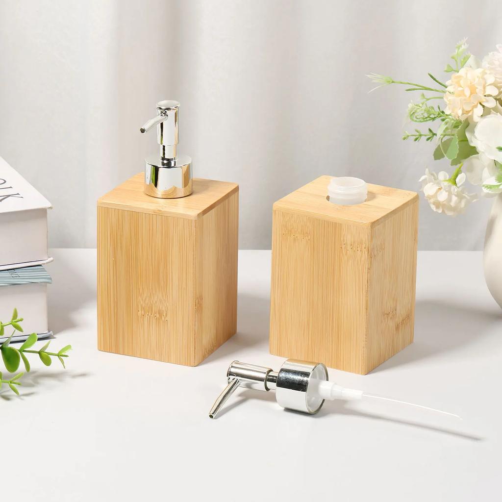 2Pcs Bamboo Soap Dispenser Refillable Pump Bottles Lotion Shampoo Liquid Hand Sanitizer Dispenser for Bathroom Kitchen
