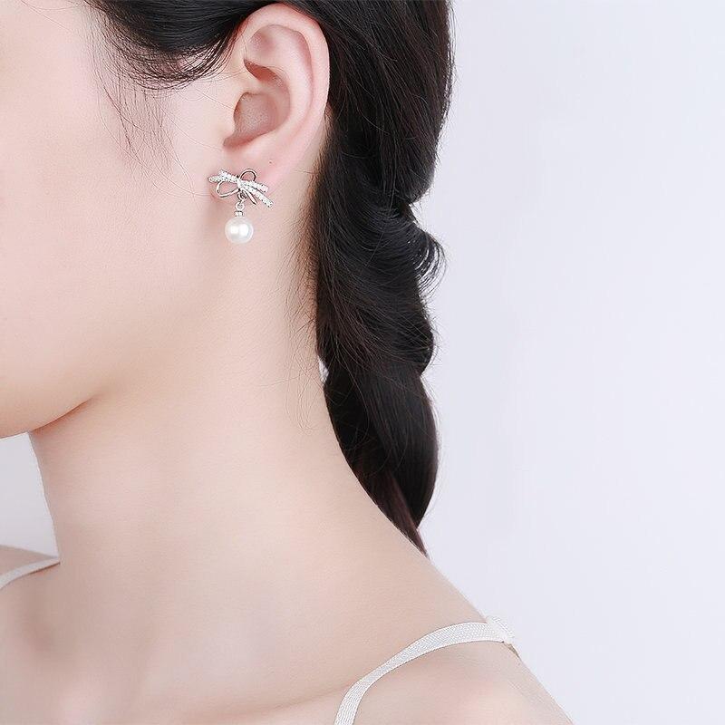 Damen Ohrringe 925 Silber Schmuck mit Perle Zirkon Edelstein Mode Schleifenknoten Form Hängeohrringe für Hochzeitsfeier Geschenk