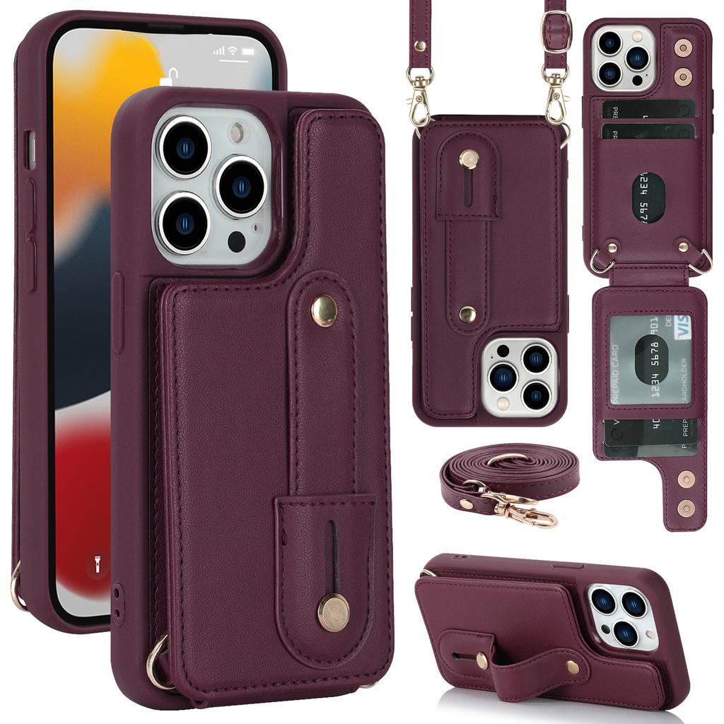 For iPhone 16 Pro Max Case Kickstand Card Slots Leather Coated TPU Cover with Shoulder Strap