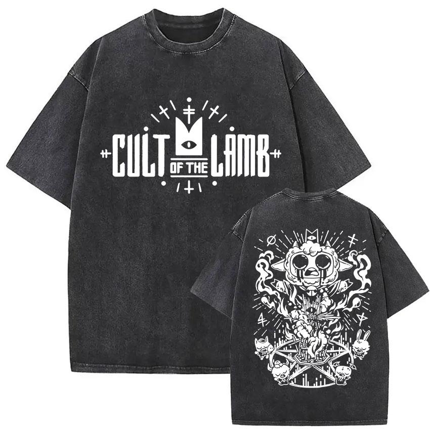 Cult of The Lamb Camiseta Lavada Vintage para Hombre Holgada Moda Humorística Camisetas de Manga Corta Ropa de Verano Camiseta