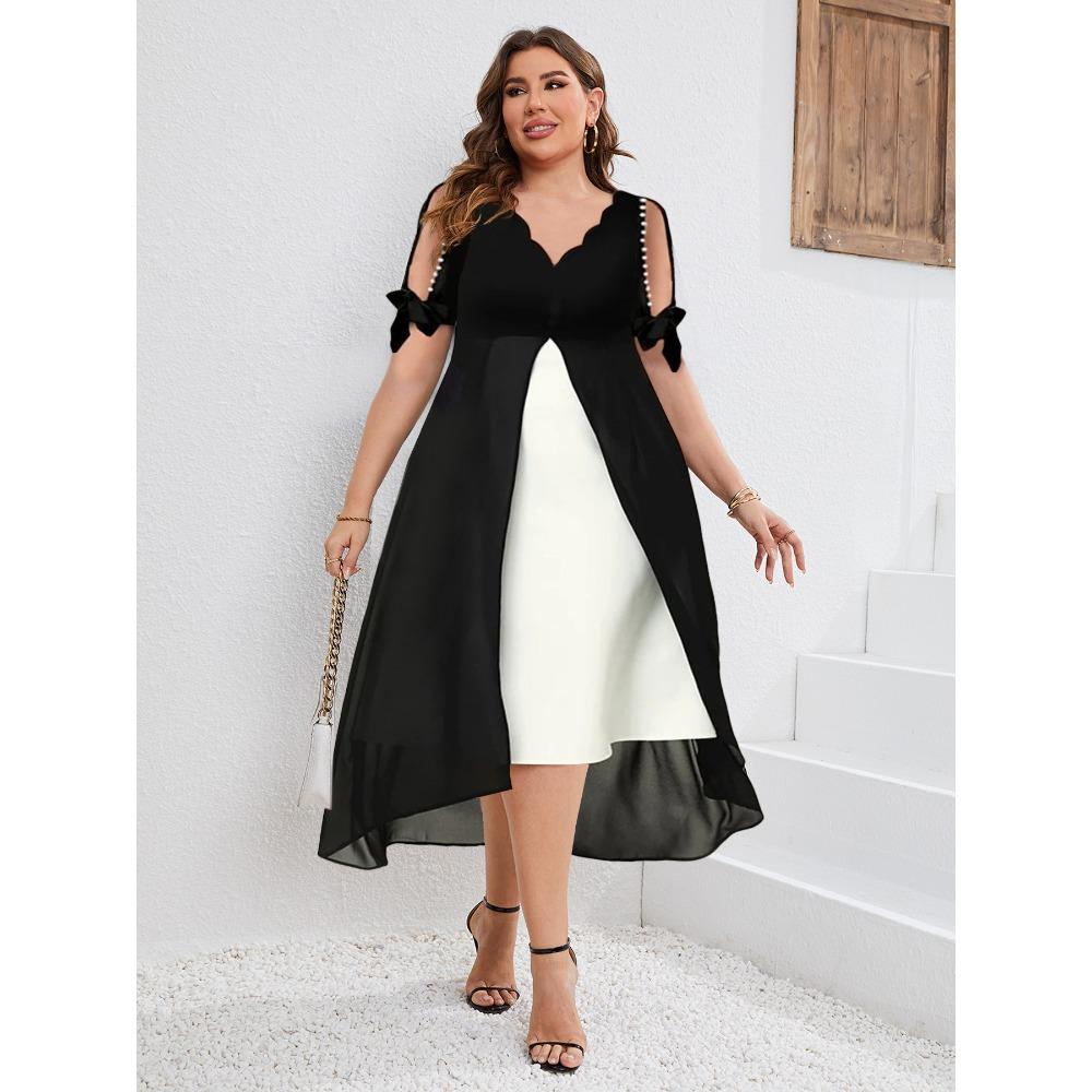 IHUASU Fashion Summer Spring Solid Color Print Short Sleeve V-Neck Casual Dresses