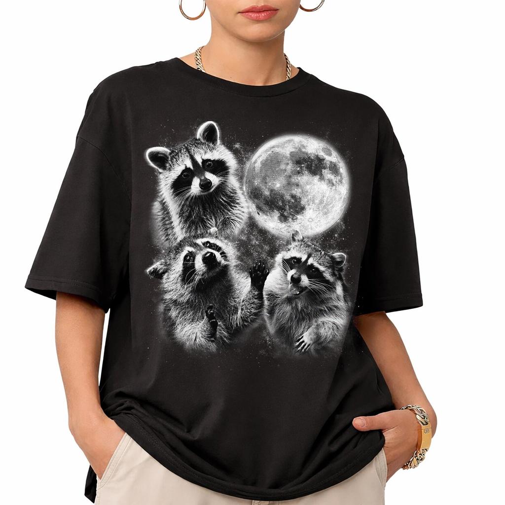 Raccoon T-Shirt, Black And White Three Raccoons Moon Tee, Comfort Colors Wildlife Shirt, Funny Trash Panda Gift For Him, Retro Animal Tee