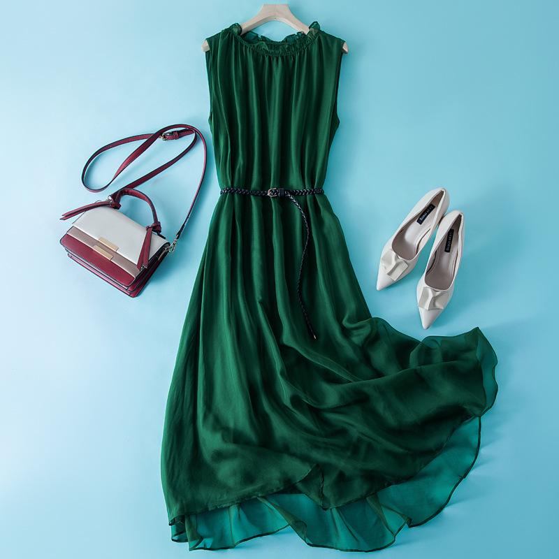 Elegant Sleeveless Silk Midi Dress with Belted Waist and Loose Hem for Summer 2022 Women's Fashion.