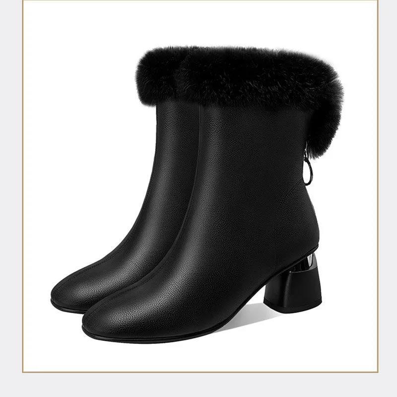 New Women's Leather Fleece Boots, Winter Suede Lined Boots, Mid-Heel Women's Leather Boots, Chunky Heel Mom Boots