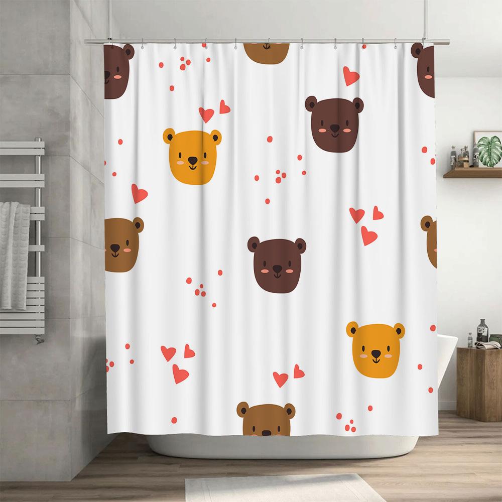 Bears Pattern Shower Curtains for Bathroom Decor White with Red Hearts Brown Bears (Size 180cm)