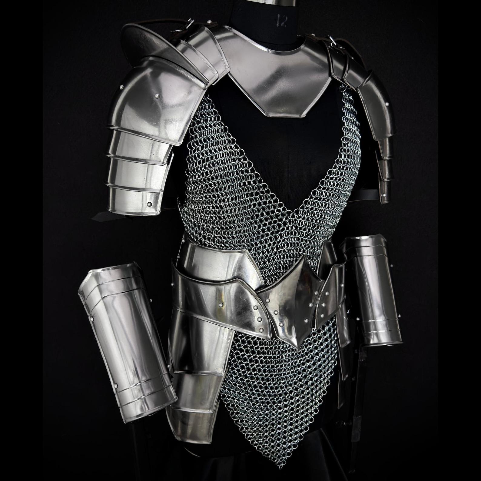 Women s Medieval Knight Armor Costume with Chainmail for LARP Cosplay Renaissance Faire