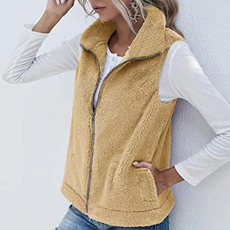 Damen Plus Size Fleeceweste Stehkragen Durchgehender Reißverschluss Ärmellose Jacke mit Taschen Lässig Herbst Winter Weste XL-5XL