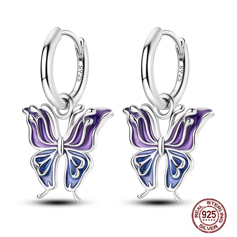 Original Butterfly Hoop Earrings for Women Sparkling Pave Colorful Zircon Blue Pink Purple Heart Wedding Drop Earring