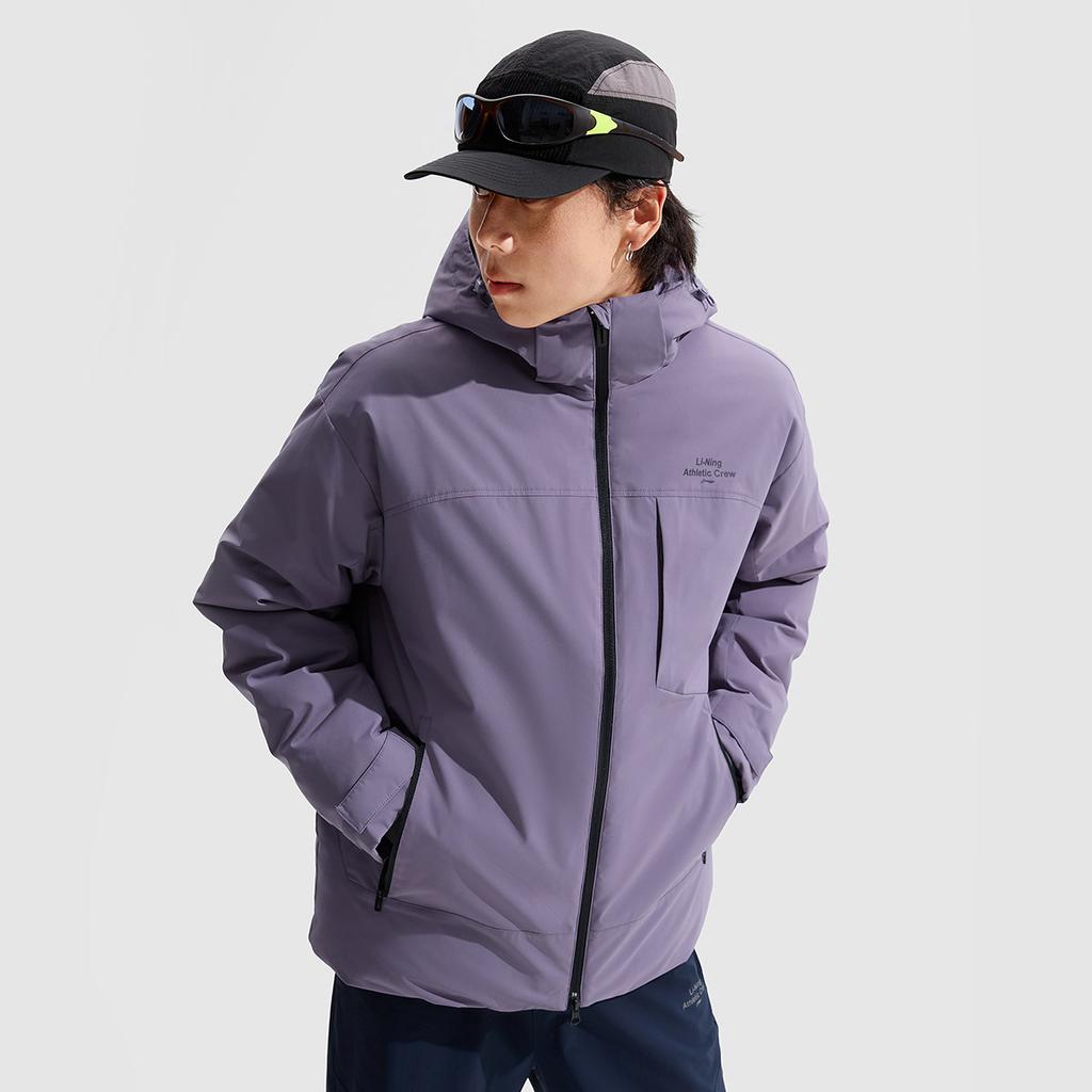Li Ning Hot Pot Down Jacket Series Solid Color Hooded Short Casual Versatile Zipper Long Sleeve Down Jacket Men Jackets Dark-Gray Purple AYMU249-4