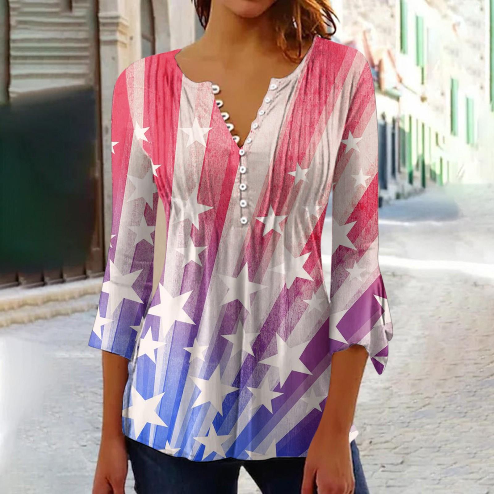 

Рубашки на пуговицах для женщин, туника с цветочным принтом, летние топы, нарядные повседневные весенние блузки с рукавом 3/4 и v-образным вырезом XL красный