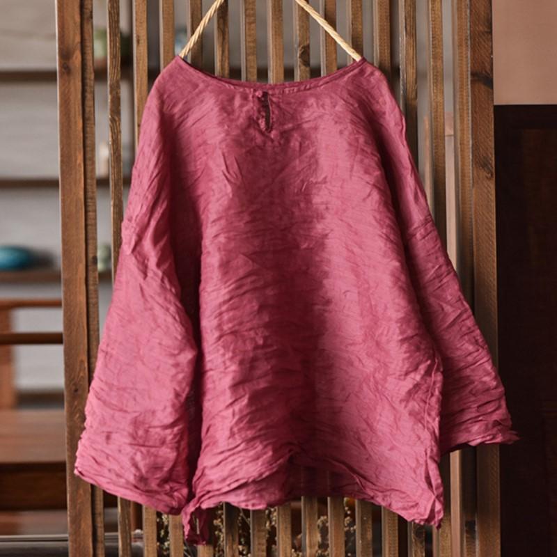 

Johnature Женские винтажные футболки с круглым вырезом и длинным рукавом Весенние футболки Однотонные свободные мягкие женские футболки на пуговицах One Size красный