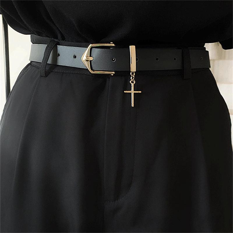 Punk Cross Pendant Jean Pants Belt  Retro Men Woman Waist Strap Pu Leather Metal Pin Buckle Hip Hop Waistband