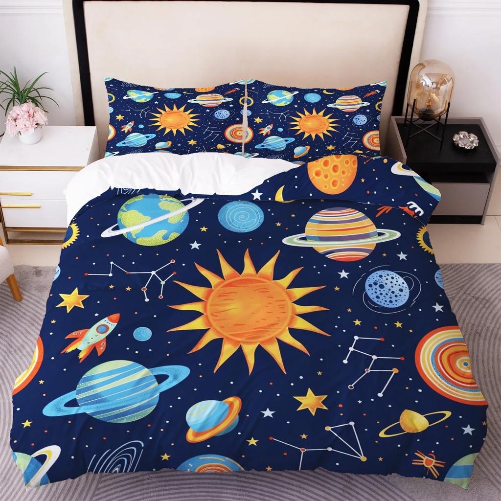 3D Cartoon Bettwäscheset Kosmischer Planet Bettbezug mit 1-2 Kissenbezügen Einzel- Doppelgröße Bettbezugset für Kinder Geburtstagsgeschenke