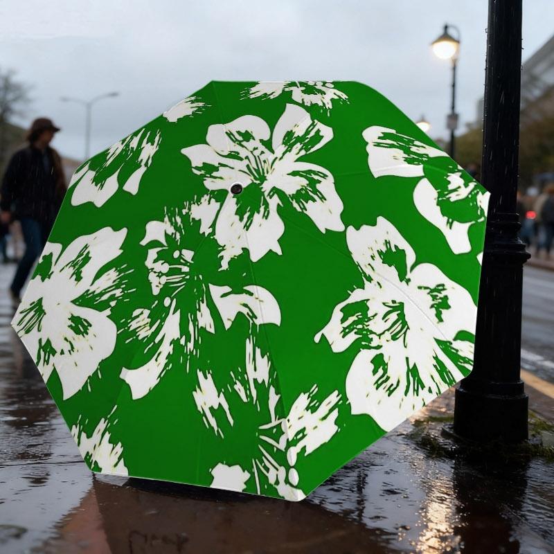 

1pc Automatic Folding Umbrella - Elegant and Fresh Green Base with White Floral Pattern, Sun and Rain Protection Umbrella, Sun Iron&8K
