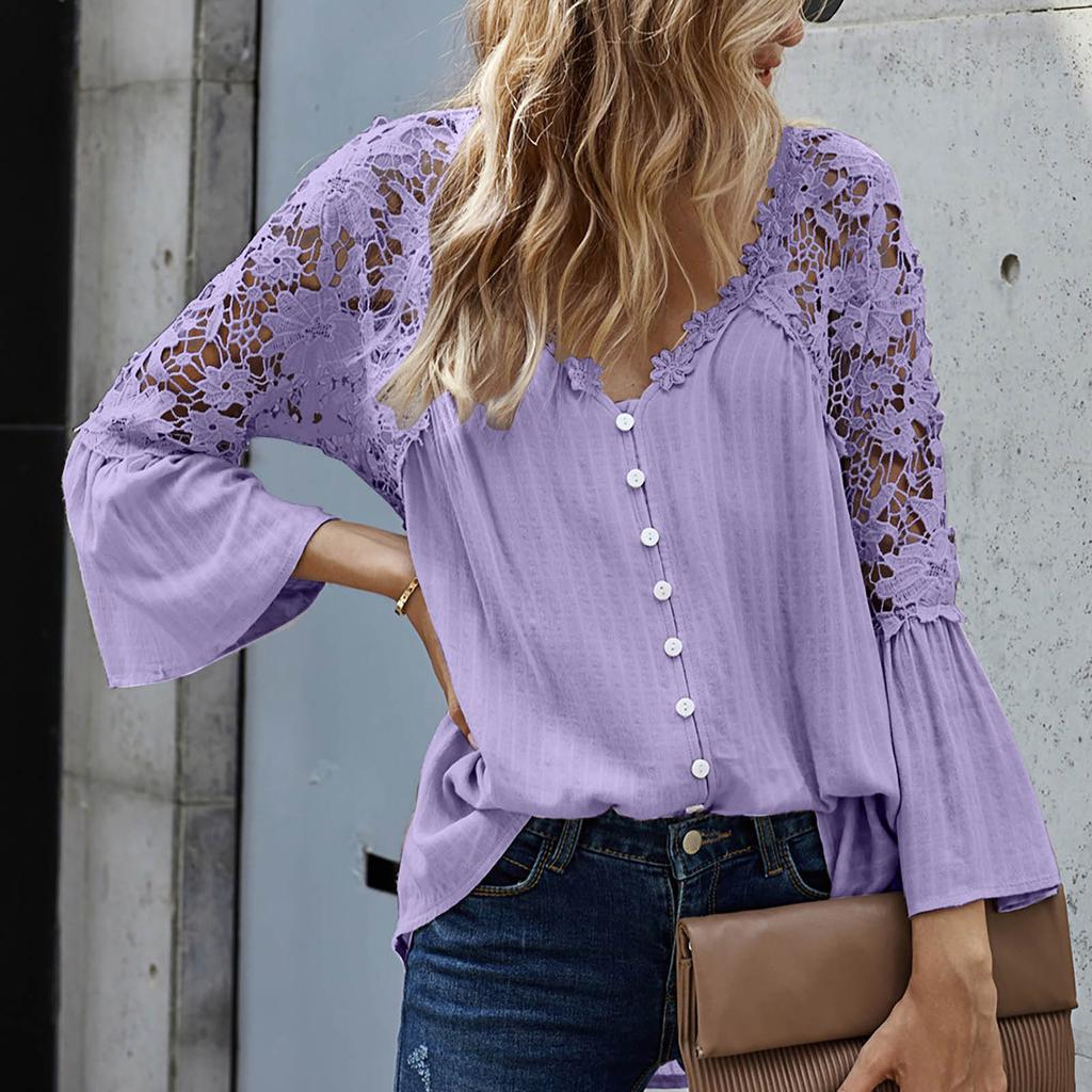 Womens Fashion Hollow Lace Stitching V-neck Flared Long Sleeve T-Shirt Tops