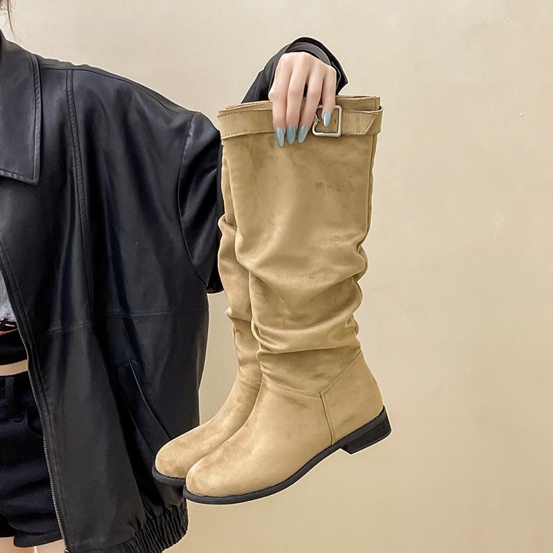 Retro suede boots women's 2025 autumn and winter new French pleated thin versatile daily stacking boots fashion boots
