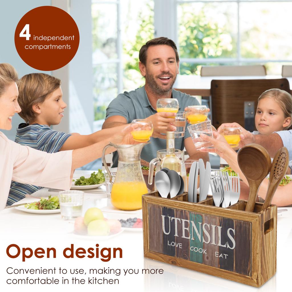 4 Compartments Countertop Utensil Holder Wood Kitchen Storage Box Spatula Chopsticks Spoon Fork Storage Holder Cutlery Organizer