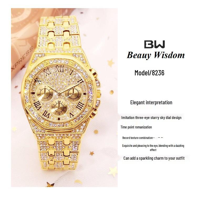 **Relógio de Pulso Bracelete Três Olhares BW Novo Prata Rosa Imitação Diamante**