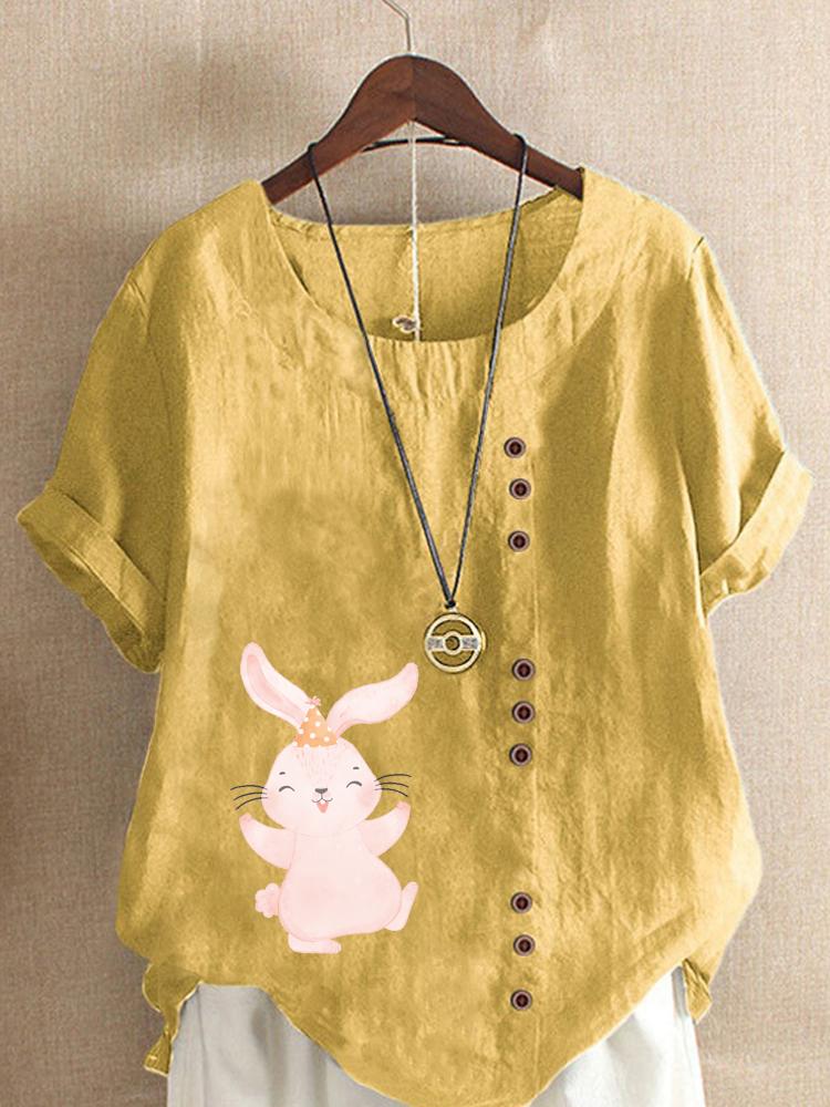 Women's Fashion Cute Rabbit Print Shot Sleeve T-shirt Loose Cotton Shirt Casual Loose Summer Blouse Tops Plus Size