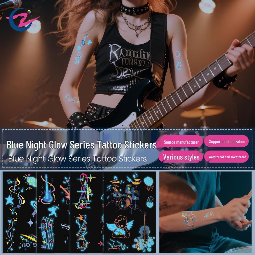 Blue Luminous Waterproof Tattoo Stickers for Carnival & Music Festivals - Sweatproof & Durable