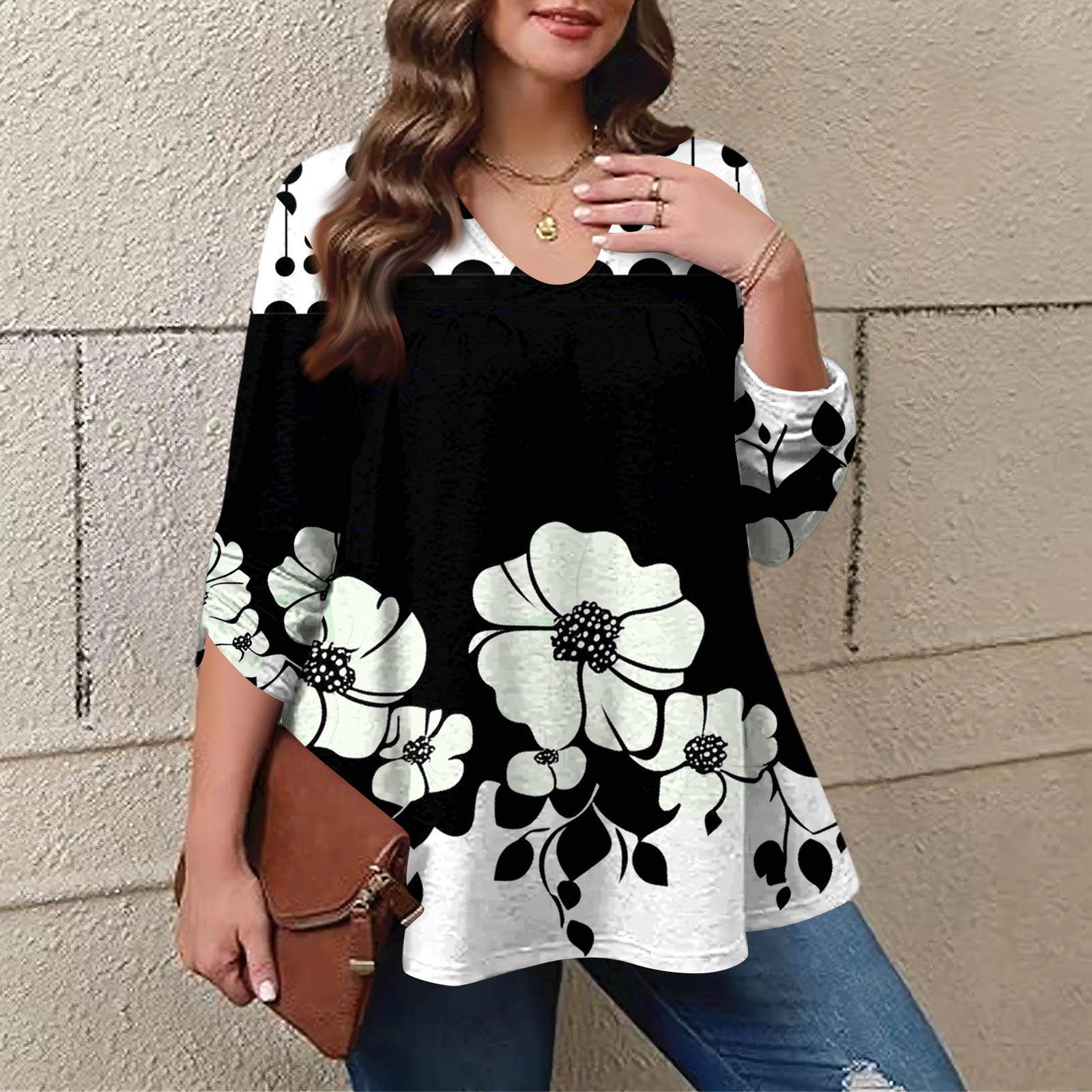 

Women s Plus Size Fashion Printed Casual Pleated Round Neck Long Sleeve Top XXXXL чёрный