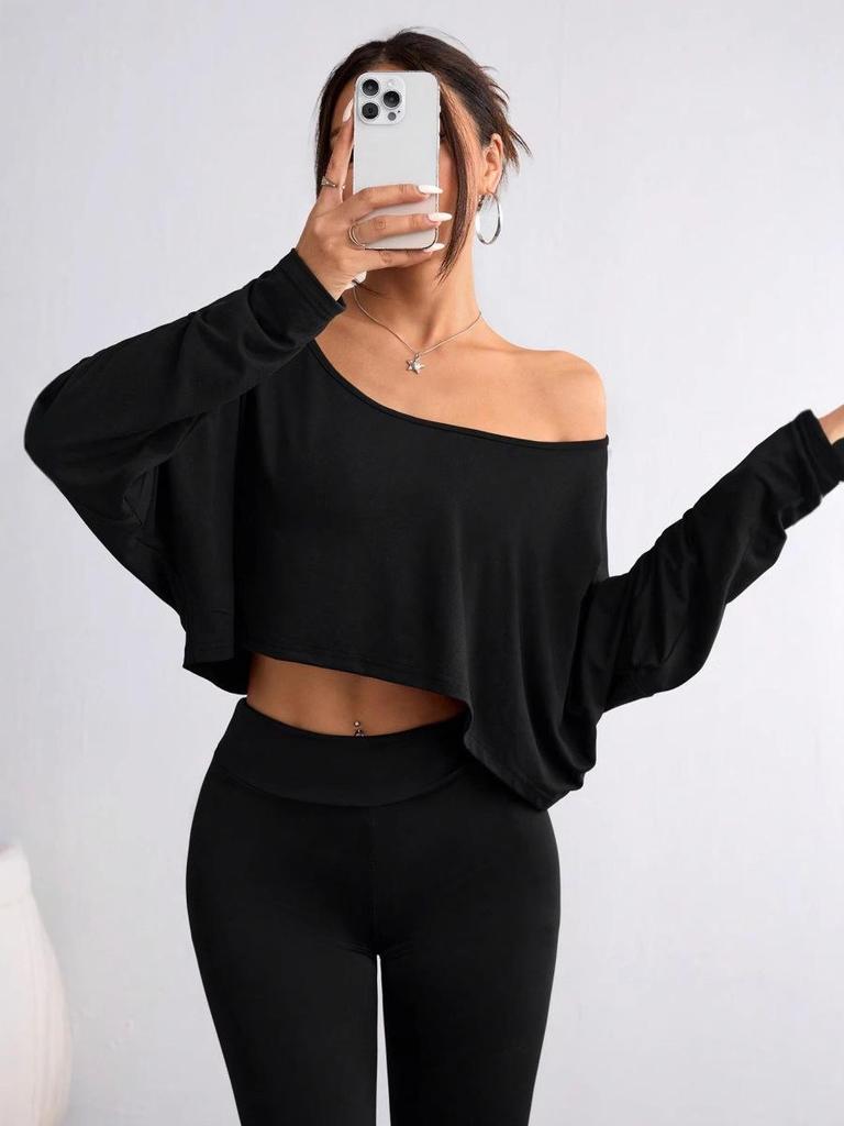 2025 New European/American Off-the-Shoulder Loose Long Sleeve Crop Top