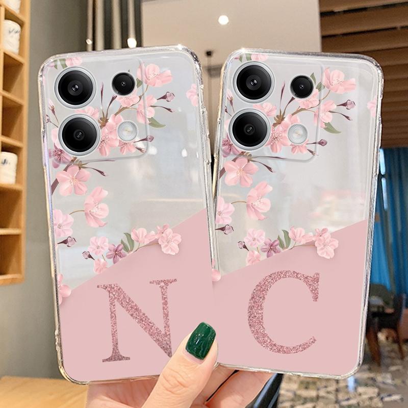 English Letter Flower Soft Clear Silicone Case For Redmi Note 13 Pro 13C 14C 14T Xiaomi 14 Poco C65 M6 Pro F6 Pro Camera Protective Shockproof Cover