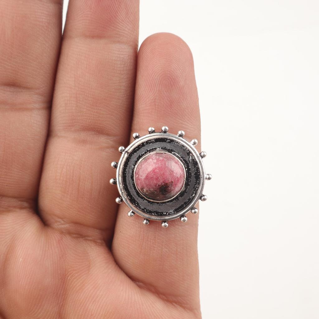 Black Rhodonite Gemstone Jewelry, 925 Solid Sterling Silver Ring Handmade Gorgeous Silver Chain Ring For Wedding Gift
