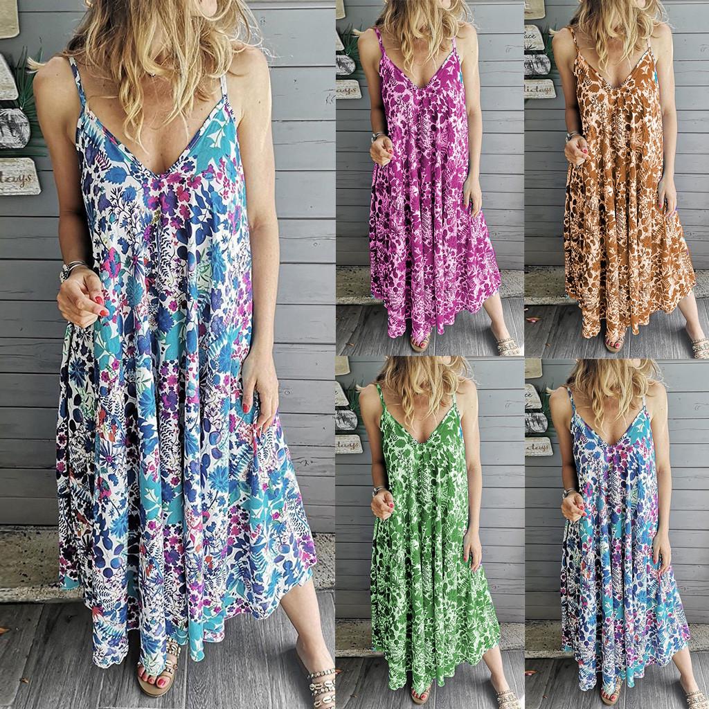 

Модное женское пляжное длинное платье без рукавов с v-образным вырезом и принтом