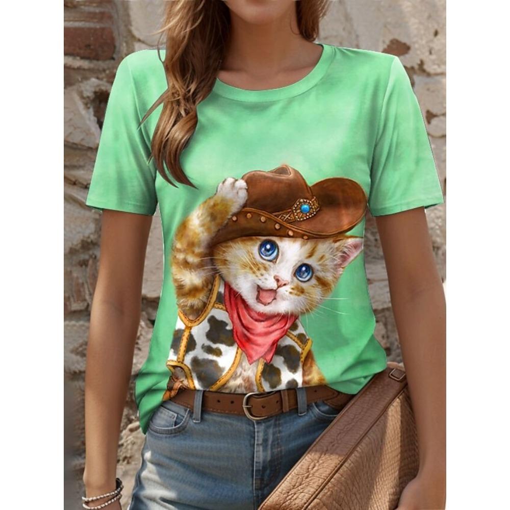 Söt kattmönster 3D-tryckt T-shirt dam sommar O-hals kortärmad topp street lös