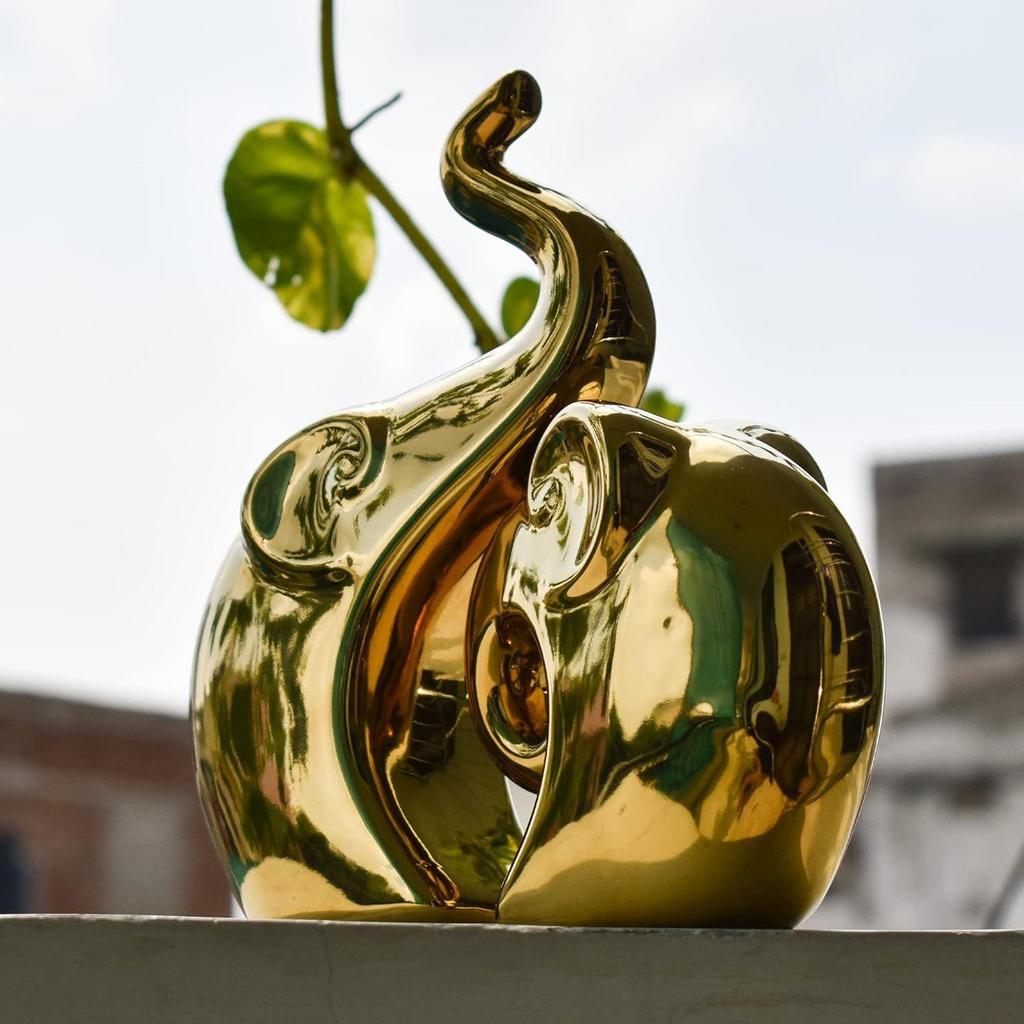 Home Decor Elephant Set | Ceramic Figurines - (Set of 2 Piece, Golden)