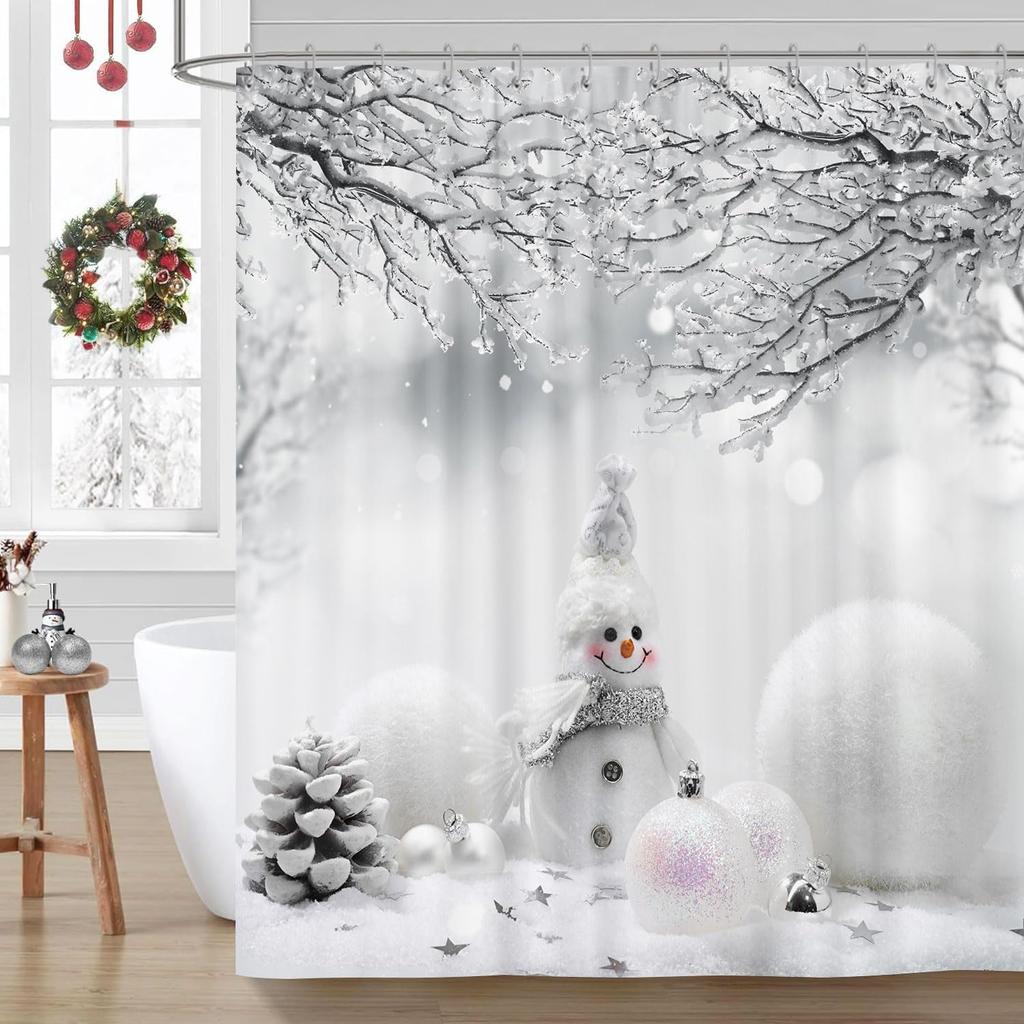 Cute Snowman Snowflake Shower Curtain with Grey Winter Forest Pattern, Waterproof Xmas Holiday Bathroom Decor Set for Home