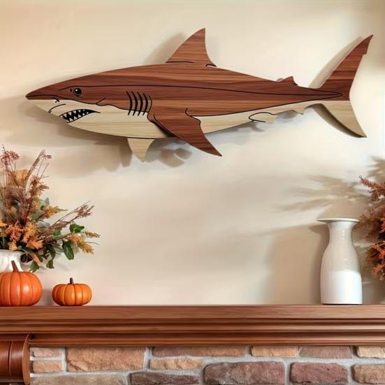 Rustic Wooden Shark Wall Decor Ocean Fish Wall Hanging Sculpture Coastal Beach Style Wall Art for Bedroom Living Room