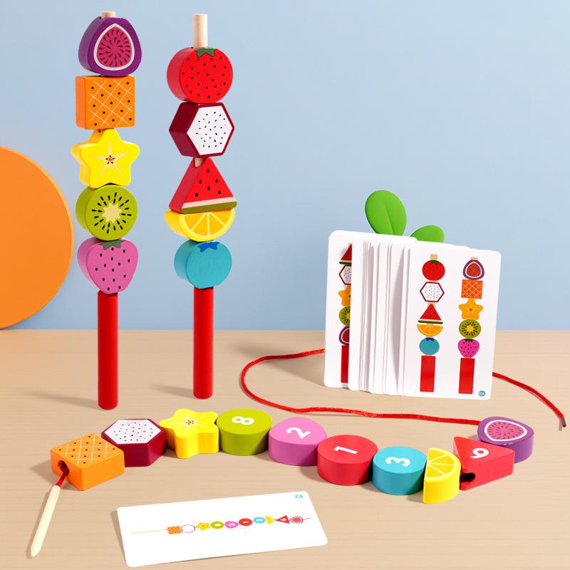 

Wooden Fruit Beading Game: Early Education Toy for Hand-Eye Coordination and Brain Development.