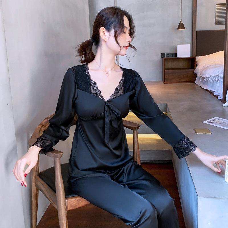 Women's Plus Size Ice Silk Long Sleeve Pajamas with Chest Pads - High-End Feel for Spring, Summer, Fall