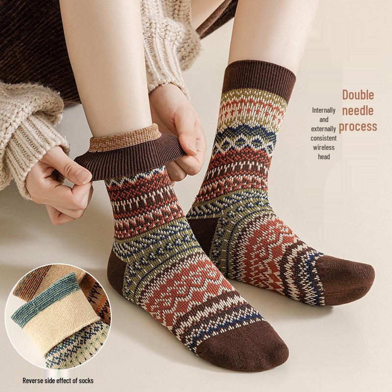 Women's Mid-Calf Retro Ethnic Socks - Double Needle, Anti-Pilling, Perfect for Autumn/Winter - Versatile with Short Boots