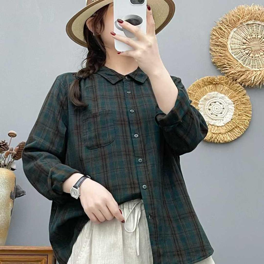 Women's Autumn Plaid Double-Layer Long-Sleeve Cotton Shirt - Japanese Style, Soft, Skin-Friendly, Breathable