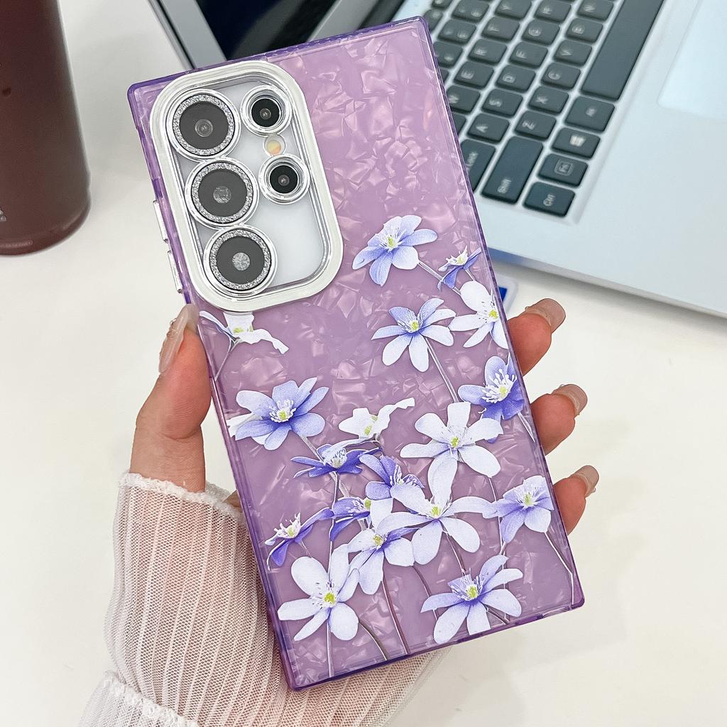 Suitable for Samsung S25 Ultra Mobile Phone Case Electroplated Flower and Grass S24FE with Bracelet Flash Powder Lens Film A56 Protective Case