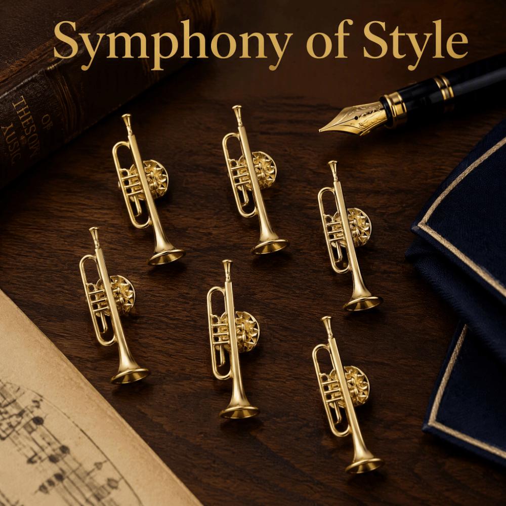6pcs Pin Back Musical Instrument Brooch Gold Finish Alloy Material Dress Clip Brooch Multi‑Pattern Set Shape Brooch Pin