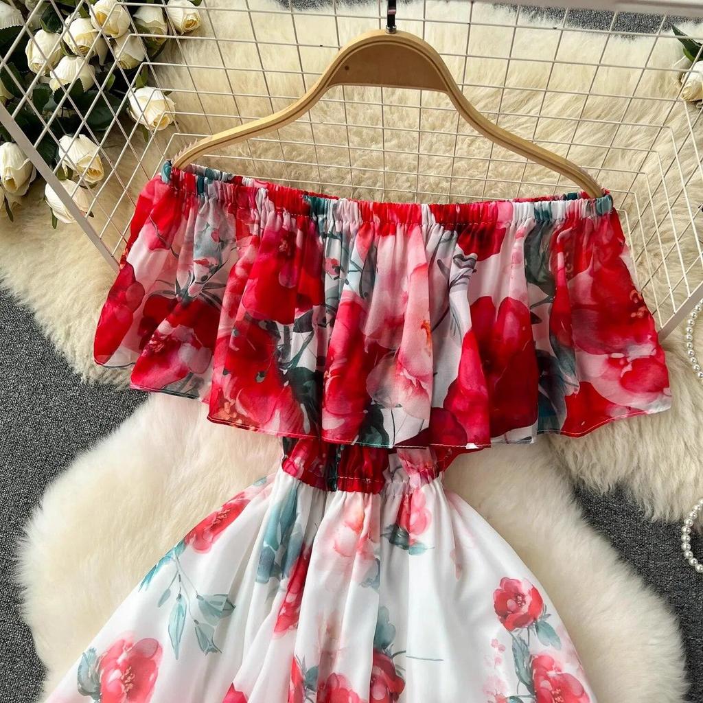 Sommer Off Schulter Wunderschöne Blume Urlaub Chiffon Kleid Frauen Slash Neck Floral Print Elastische Taille Lange Roben