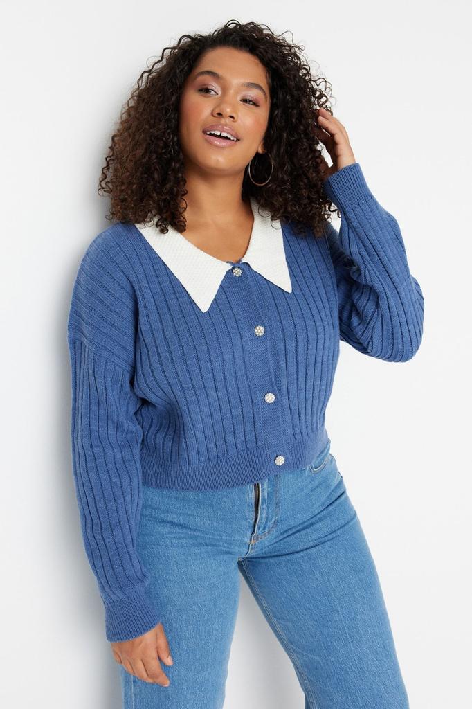 Women's Fashion Stylish Plus Size Cardigan Mint Ribbed Collar Detailed Buttoned Knitwear Cardigan