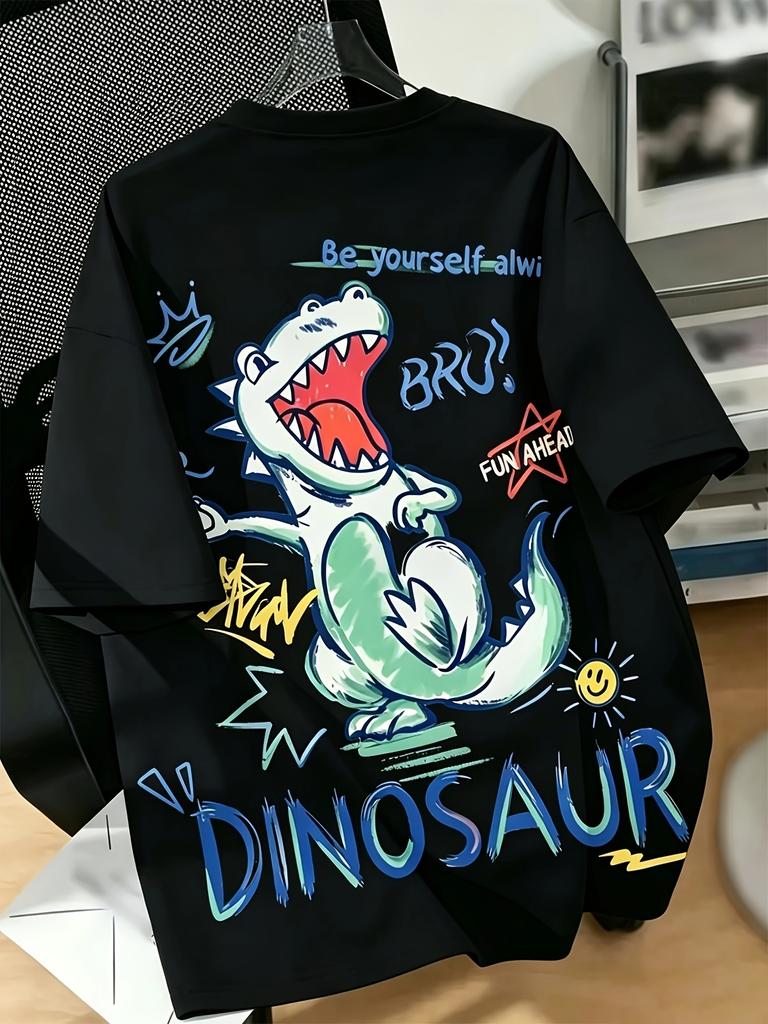Graffiti Cartoon Dinosaur Back Print Tshirt Unisex Kids Funny Be Yourself Slogan Sketch Graphic Short Sleeve Casual Tees