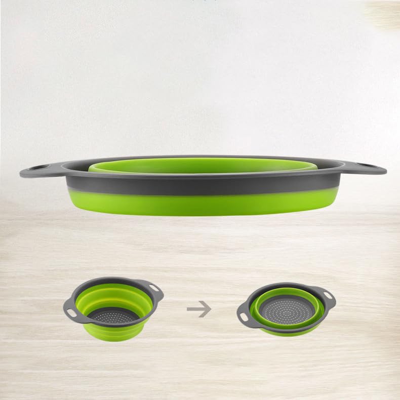 Single Pc Kitchen Travel Colander - Green Silicone Collapsible Strainer for Draining Pasta Fruits Vegetables