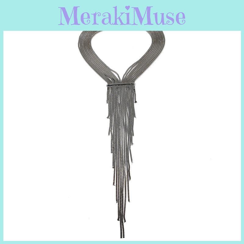 Trendy Long Necklace With Rhinestones And Tassels In Gunmetal For Casual And Party Wear