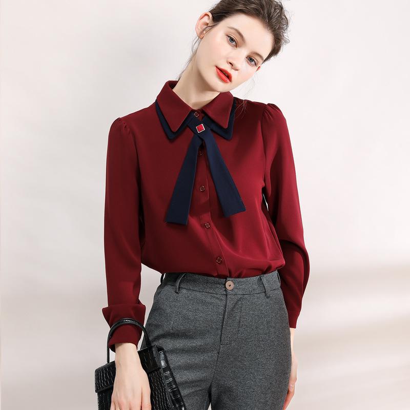 Spring Double-Layer Color-Block Tie-Design Slimming Long-Sleeve Shirt for Women Extra Large красный