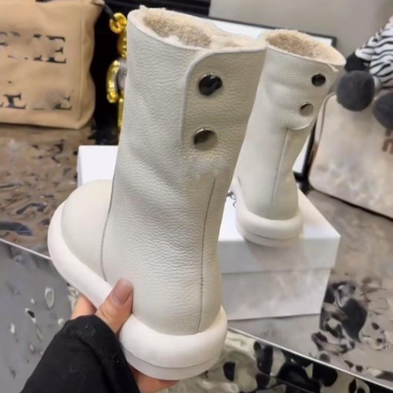 Winter New Pure Leather Women's Flat Two-Way Snow Boots with Fleece Short Boots