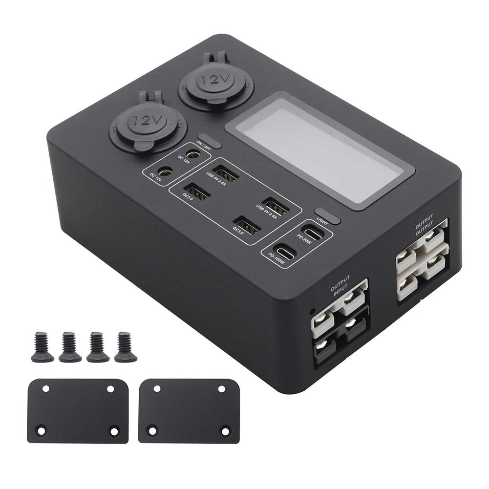 12V 100W Mini Power Box with LED Lights LCD Display Power Box USB-C & QC3.0 Ports Portable Control Hub for RVs SUVs Boats