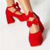 Women Mary Janes Pumps Square Toe Thick High Heels Platform Buckle Bow Glove Shoes Ladies Fashion Shoes Spring Autumn 46